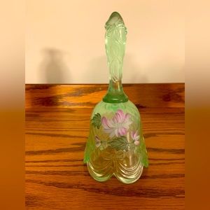 Clear Green Fenton Glass Bell With Handpainted Flowers